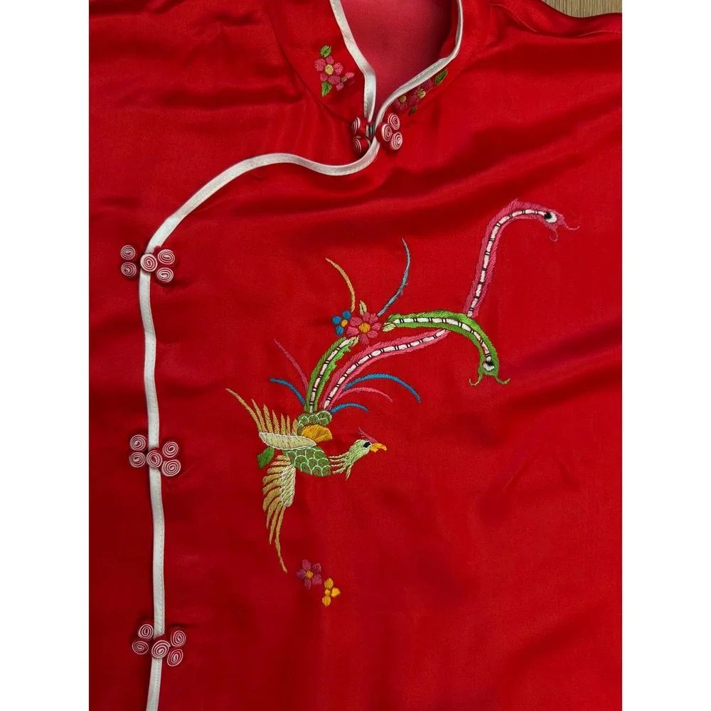 Vtg Golden Dragon Chinese Red Silk Blend Pajama Set Phoenix Embroidery 2pc